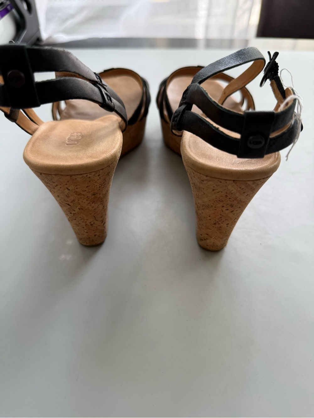 UGG Brigitte Wedge Sandals Leather Cork Platform Black Tan 7.5 - Picture 4 of 7